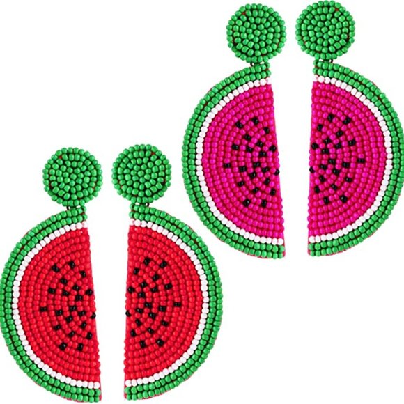 Long 3" Pink Watermelon Cute Fruit Slices Beaded Big Post Earrings New - Picture 6 of 6